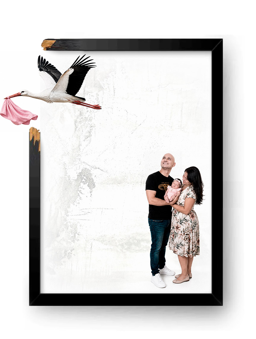 Quadro personalizado: casal com bebê e cegonha